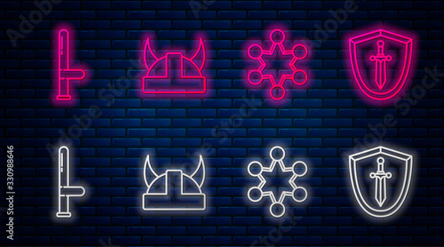 Set line Viking in horned helmet, Police badge, Police rubber baton and Medieval shield with sword. Glowing neon icon on brick wall. Vector