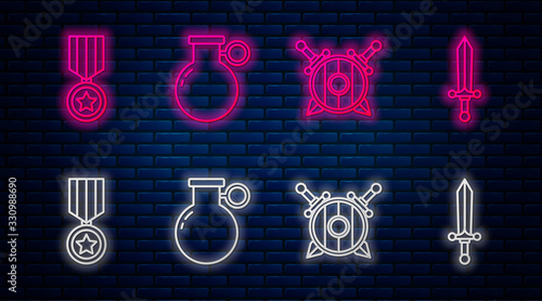 Set line Hand grenade, Wooden shield with crossed swords, Military reward medal and Medieval sword. Glowing neon icon on brick wall. Vector