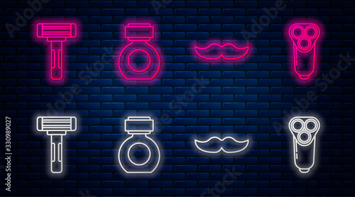Set line Aftershave, Mustache, Shaving razor and Electric razor blade for men. Glowing neon icon on brick wall. Vector