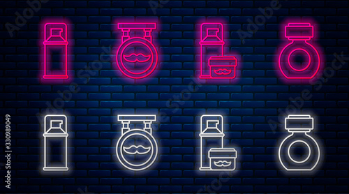Set line Barbershop, Shaving gel foam, Shaving gel foam and Aftershave. Glowing neon icon on brick wall. Vector