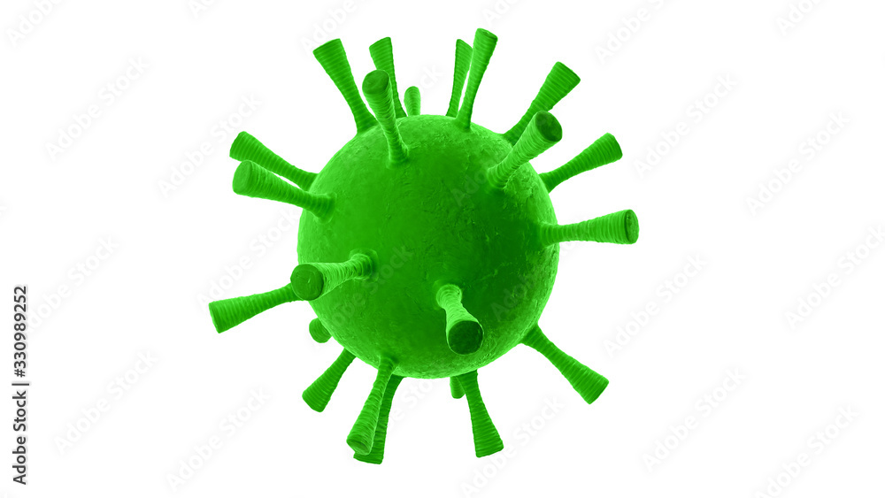 Green colored spherical virus with big legs on white background
