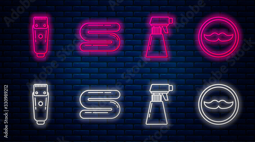 Set line Towel, Hairdresser pistol spray bottle, Electrical hair clipper or shaver and Mustache. Glowing neon icon on brick wall. Vector