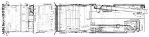 Oilfield coiled tubing equipment. Coiled tubing reel on a trailer. wire-frame. Top view. The layers of visible and invisible lines are separated. EPS10 format. Wire-frame.