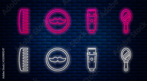 Set line Mustache, Electrical hair clipper or shaver, Hairbrush and Hand mirror. Glowing neon icon on brick wall. Vector