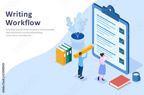Information checklist or fill in questionnaire, marked on checklist, flat isometric vector illustration