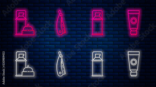 Set line Straight razor, Shaving gel foam, Shaving gel foam and Cream or lotion cosmetic tube. Glowing neon icon on brick wall. Vector