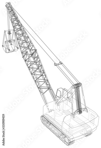 Dragline excavator. The layers of visible and invisible lines are separated. The layers of visible and invisible lines are separated. Wire-frame outline.