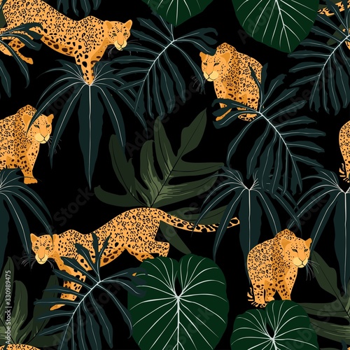Seamless tropical safari pattern background with leopard, palms leaves, isolated on black background. Perfect for wallpapers, web page backgrounds, surface textures.