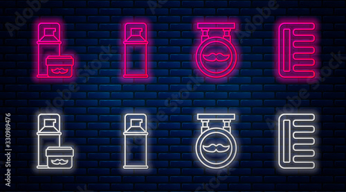Set line Shaving gel foam, Barbershop, Shaving gel foam and Hairbrush. Glowing neon icon on brick wall. Vector