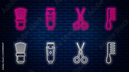 Set line Electrical hair clipper or shaver, Scissors hairdresser, Shaving brush and Hairbrush. Glowing neon icon on brick wall. Vector