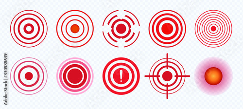 Set of red medical pain circles on transparent background. Localization and spread of pain. Symbol of body damage, target for painkillers.  Target for attack or mark of highlight. 