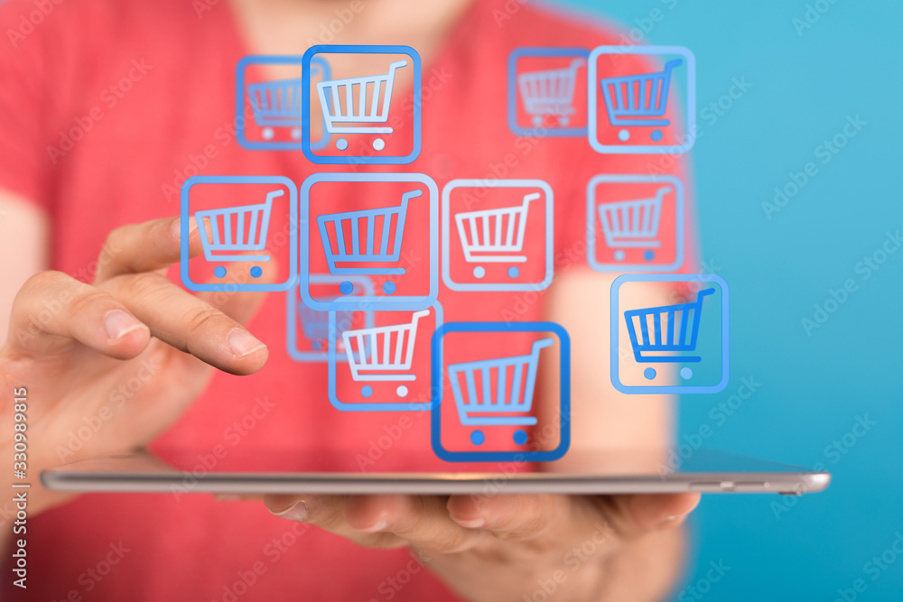 Shopping cart on digital tablet. Shopping online concept.. Shopping cart on digital tablet. Shopping online concept..