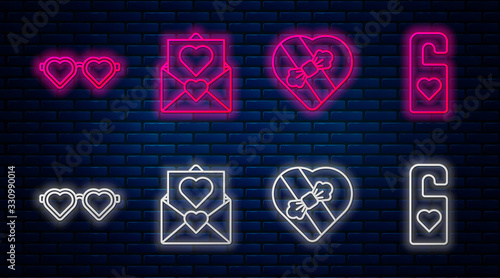 Set line Envelope with Valentine heart, Candy in heart shaped box, Heart shaped love glasses and Please do not disturb with heart. Glowing neon icon on brick wall. Vector