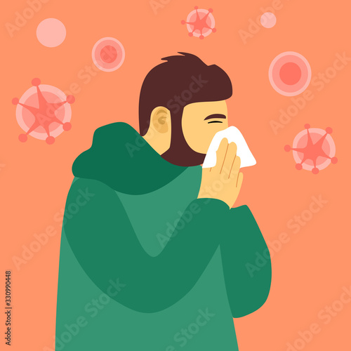 A man sneezing in handkerchief vector illustration. Side view. Sneezing man in green cloth with virus around. Covid-19 corona virus disease in flat design. Season allergy.