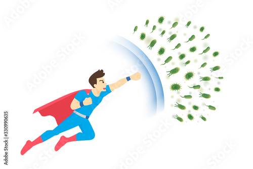 Superhero men reflect virus attack with full power strong punching. Concept illustration about protection your self with health care.
