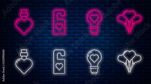 Set line Please do not disturb with heart, Heart shape in a light bulb, Bottle with love potion and Balloons in form of heart. Glowing neon icon on brick wall. Vector