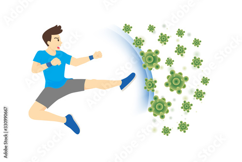 Healthy people reflect bacteria attack with jump kick. Concept illustration about boost Immunity with Exercise.