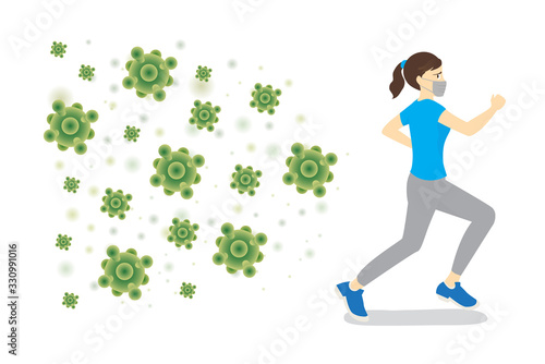 Woman wearing hygiene mask run away from virus that follow. Concept Illustration about people who fears coronavirus outbreak.