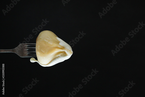 khinkali or dumplings with filling, menu concept background. top view. copy spaces for text