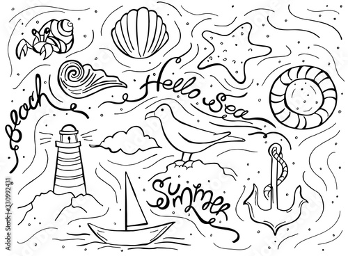 Sea set isolated on white background. Back and white vector illustration. Hello sea. Template for greeting card, postcard, print, coloring book.