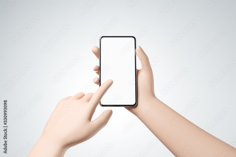 Cartoon hand holding smartphone with blank white screen and push the screen.