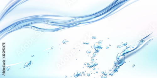 Fresh clean water flowing wave with bubbles and drops. Vector illustration with realistic clear blue aqua splash, water background. Flow of pure liquid drink