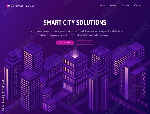 Smart city solutions isometric landing page, futuristic smartcity town with tall neon glowing skyscraper buildings on violet background. Internet of things cyber technologies, 3d vector web banner