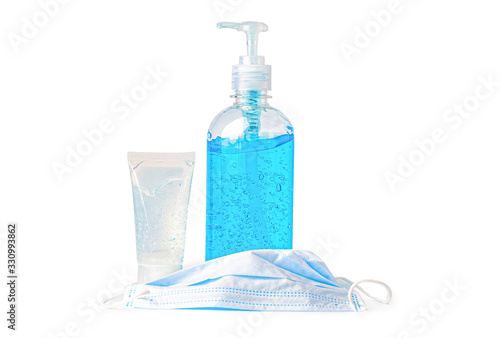 A bottle of blue alcohol sanitizer gel and mask on white background for protect infection and kill Novel Coronavirus (2019-nCoV) Covid-19 virus. photo