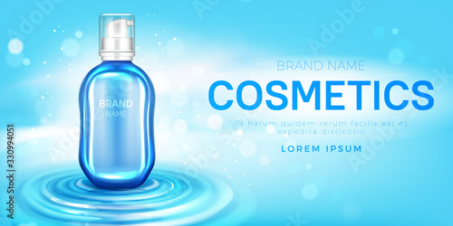 Cosmetics bottle mockup banner with beauty skin care moisturize or cleansing product pump tube on water surface. Cosmetic package design, background for magazine promo Realistic 3d vector illustration