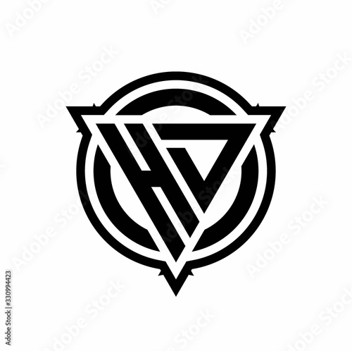 HD logo with triangle shape and circle with outline rounded design template