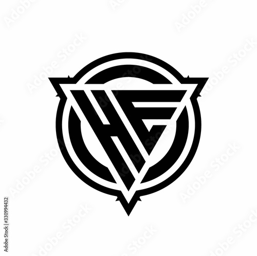 HE logo with triangle shape and circle with outline rounded design template