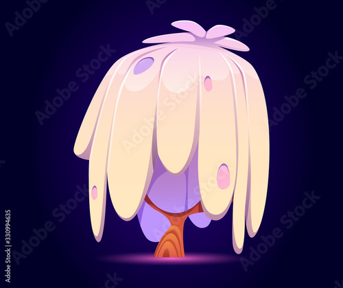 Fantasy tree, alien or magic plant with unusual long leaves, nature element for computer game, fairy tale book isolated on blue background. Strange wood Cartoon vector illustration, icon, clip art