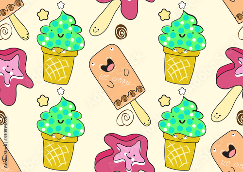 Seamless pattern with ice cream on a stick. Flat cartoon style. Vector illustration. Graphic for fabric.