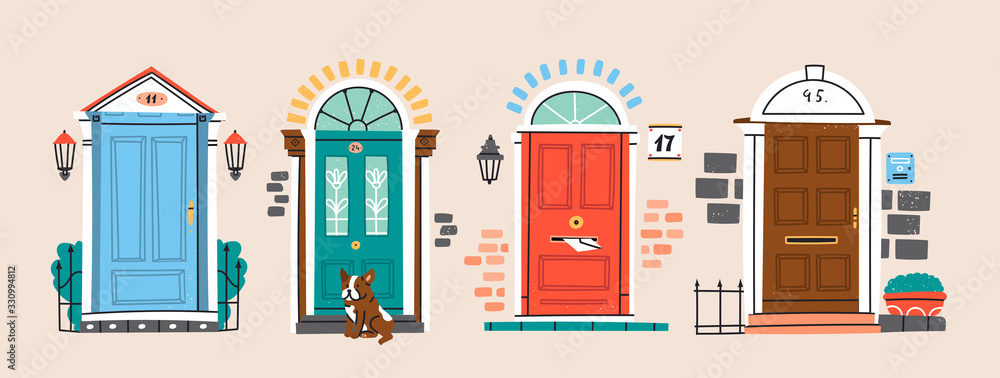 Set of four retro vintage Front Doors. Brick wall. Lamp on a wall. Windows.  Sitting bulldog. House Exterior. Home Entrance. Hand drawn colored vector  illustration. Isolated on a beige background vector de