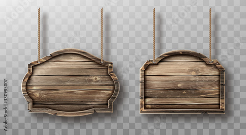 Wooden boards hang on ropes set. Realistic signboards with wood texture, banners or labels for bar or saloon in rustic style. Blank vintage plank panels for menu or pub entrance 3d vector illustration