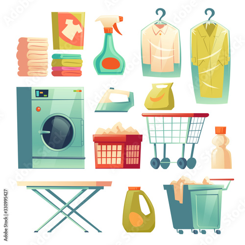 Dry cleaning service. Laundry equipment isolated on white background. Vector cartoon set of washing machine, iron and ironing board, detergents, cart for clothes and jacket on hanger