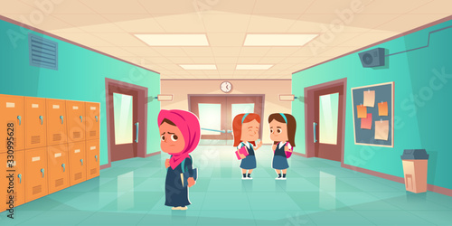 Sad muslim girl in school hallway and teenagers behind her back. Vector cartoon illustration with lonely islamic student with scarf on head. Social communication problem, bullying and racism concept