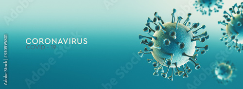 High resolution banner Coronavirus microscopic view. Dangerous asian ncov corona virus, SARS concept with text on teal background. 3d rendering photo