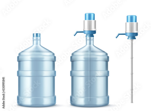 Pump water cooler and big bottle for office and home. Vector realistic mockup of dispenser with pump for pouring clean water and large plastic gallon isolated on white background