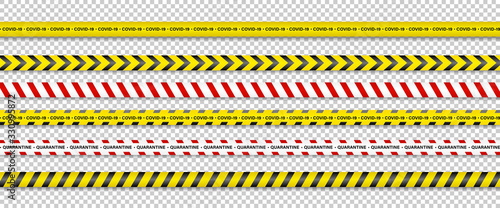 Warning Stripes. Coronavirus warning stripes. Covid-19 signs. Quarantine biohazard symbol. Warning Stripes collection black, red and yellow color, isolated on transparent background. Vector 