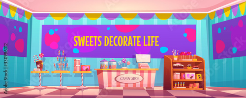 Candy shop empty interior with various pastry, cashier desk, shelf and tables with chocolate, candycanes and lollipops for sale, banner with typography sweets decorate life cartoon vector illustration