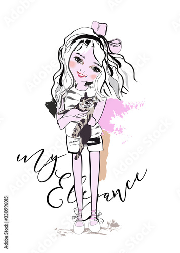 Sketch of a cute fashion girl with her pet  and flowers. Hand drawn vector illustration.