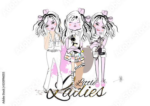 Sketch of cute fashion girls with a dog and a kitten. Hand drawn vector illustration.