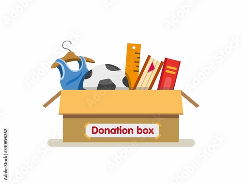 books, toys, and clothing in donation box cardboard ready send for charity in cartoon flat illustration vector isolated in white background