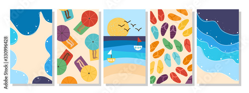 Vacation beach seaside summer holidays set of verical post templates for social media in minimal flat design style