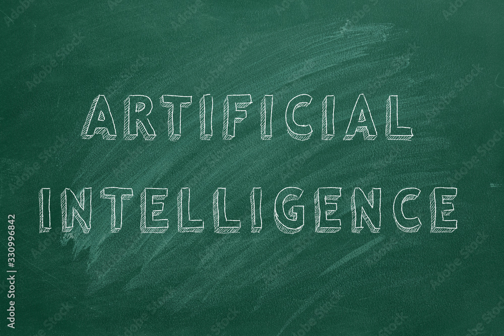 Obraz premium Hand drawing and animated text Artificial intelligence on green chalkboard.