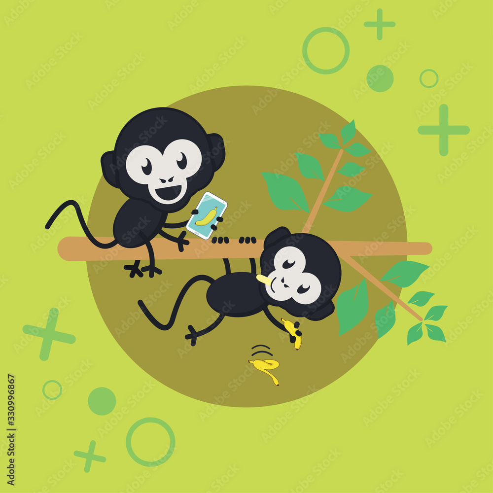 Naklejka premium Little monkey playing on the tree with banana and smartphone
