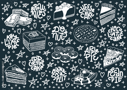 Horizontal design with chalk doodle drawing of American desserts