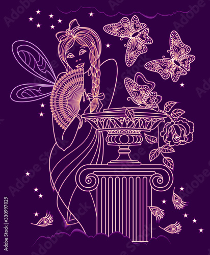 Background for masquerade party with antique fairy. Abstract portrait of beautiful girl at night club. Poster for carnival festival or modern pop cabaret. Book cover for kids fairy tale. Flat vector.