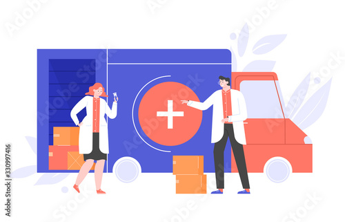 Scientists doctors characters near a truck with boxes of drugs. Vaccine found from the virus. Medicines delivery to pharmacies and home. Vector flat illustration.
